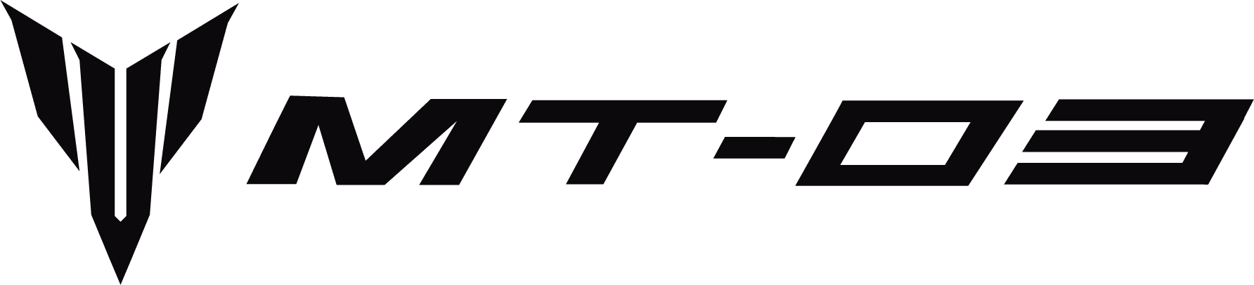Logotipo del Yamaha MT-03 en color negro con diseño estilizado y líneas dinámicas que destacan el estilo agresivo y deportivo del modelo disponible en Kasei Motors concesionario Yamaha en Lima